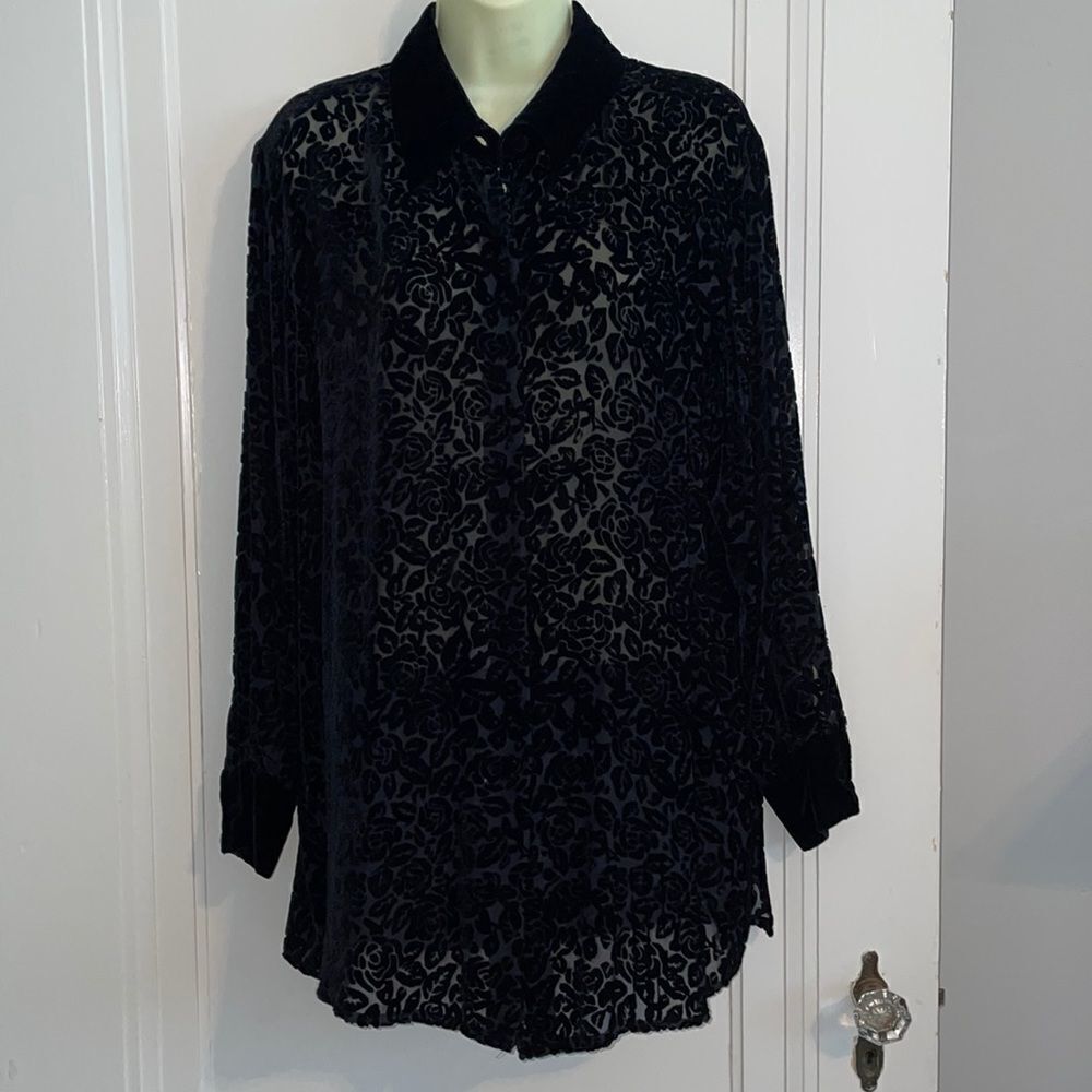 Vtg 90s Carol Horn semi sheer velvet floral dressy shirt or jacket‎